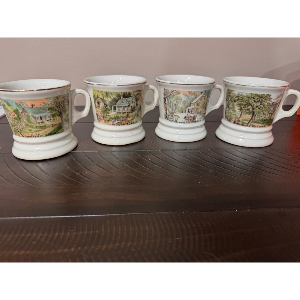 Vintage Currier and Ives Four Seasons Mug Set 4 Ceramic Coffee Cups Japan